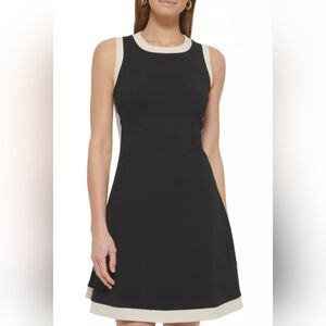 New! DKNY Black & Cream Sleeveless Back Zip Fit & Flare Knit Mini Dress 14